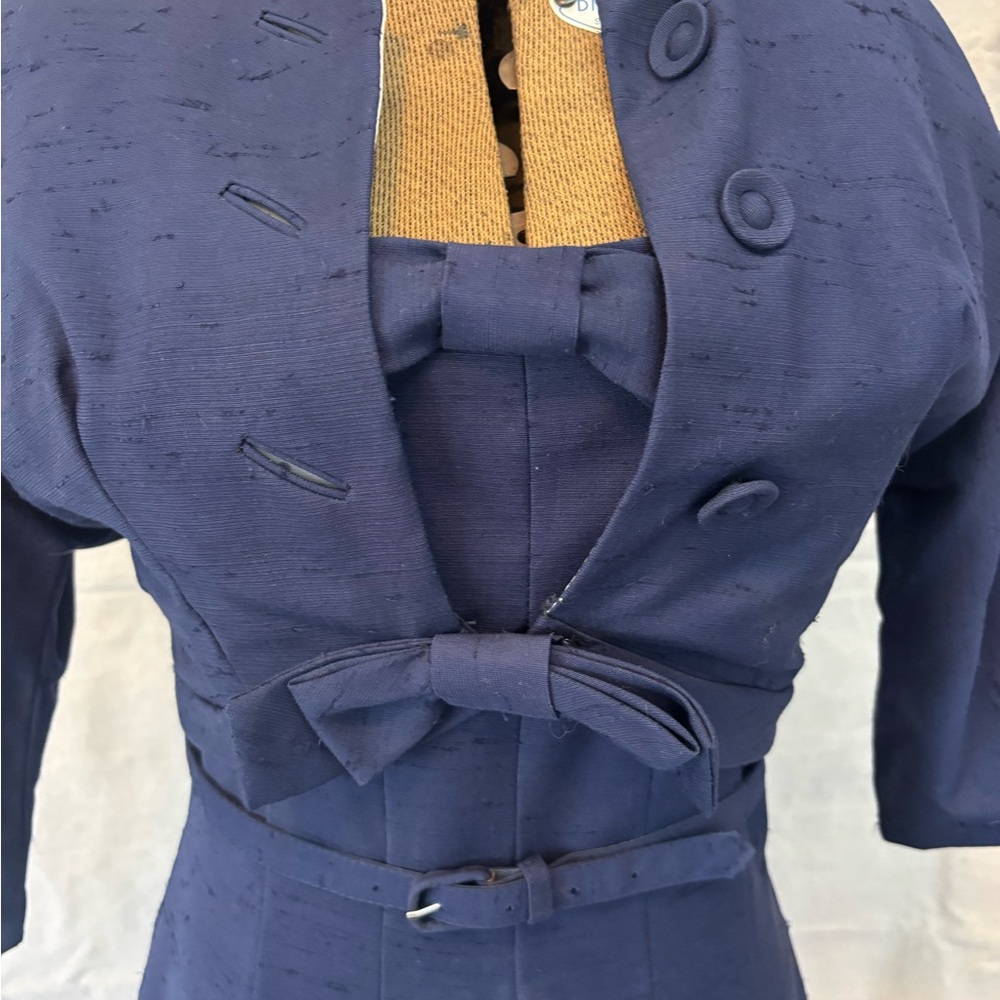 Vintage 60s Mod Navy Blue Textured Cotton Dress Suit Polka Dot Lining Jacket S - Picture 7 of 12